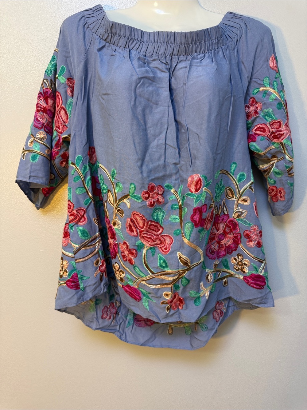 Karen Kane Blue Embroidered Off-Shoulder Tunic